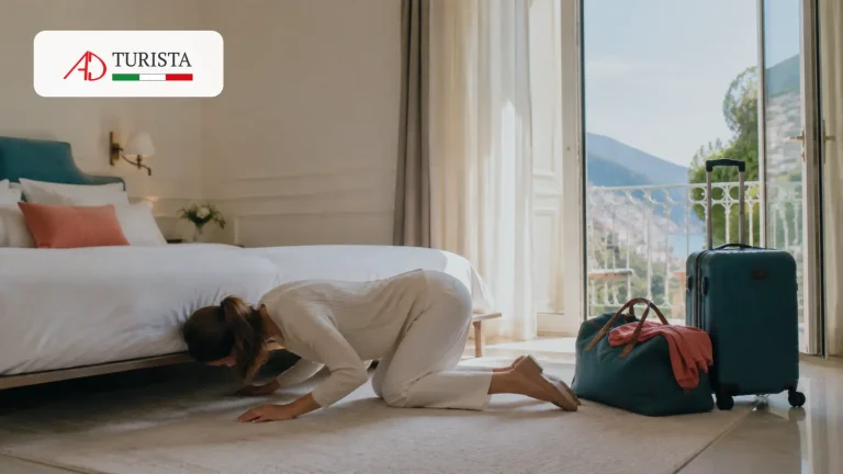 Viaggiatrice controlla la camera d’hotel prima del check-out