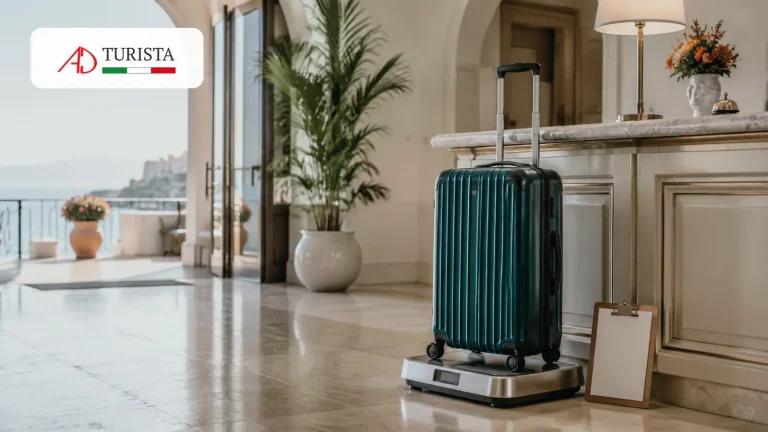 Valigia pronta per essere ritirata e spedita da un hotel